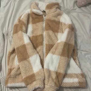brown plaid, fluffy jacket with zipper